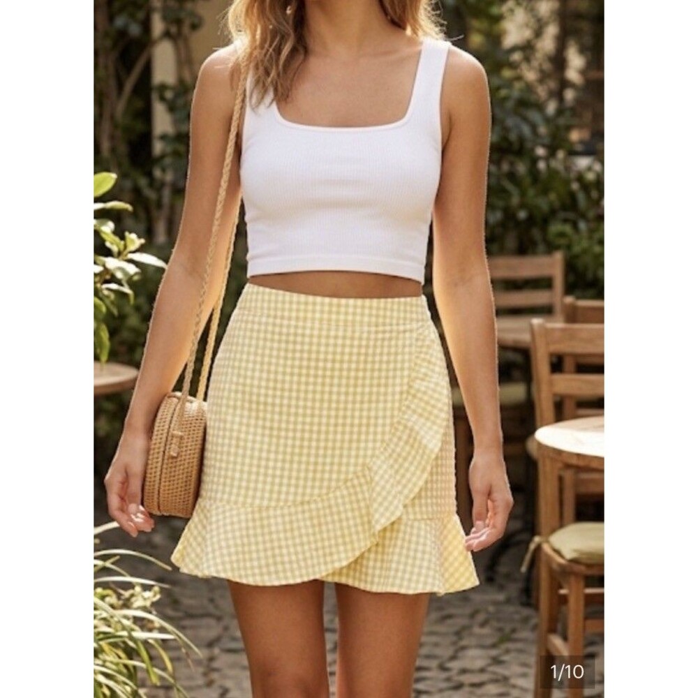 Sim & Sam Yellow Gingham Seersucker Tulip Mini Skirt Ruffle Cottagecore S Small